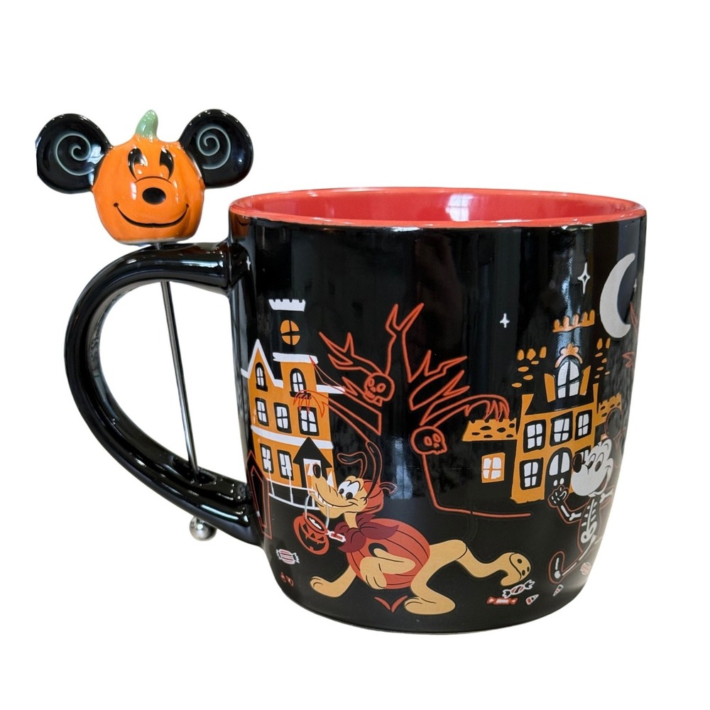 Disney Parks Halloween Mickey Minnie Skeleton Ceramic Mug with Pumpkin Stirrer